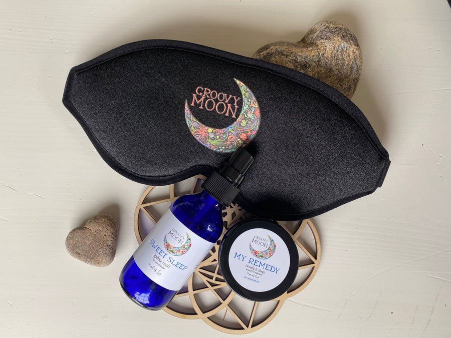 sleep mask, pillow spray, sleep anxiety remedy sacred geometry